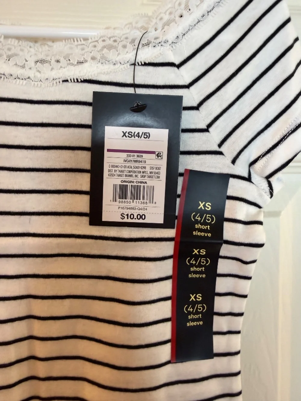Art Class Girls Ivory Striped Lace Trim Short Sleeve Tee | Size XS | NWT